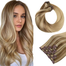 HOTBANANA Human Hair Clip in Hair Extensions, Balayage Coffee Brown Highlighted Sandy Blonde 120g Clip in Hair Extensions Real Human Hair Straight Remy Hair Clip in Hair Extensions 20 Inch 7pcs