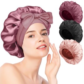 3 Piezas Gorro de Seda para Dormir, Gorro de Pelo Rizado de Satén Ajustable, Gorro de Dormir de Noche con Banda Elástica, Ideal para Dormir, Ducha y Belleza (Negro + Oro rosa + Rosa frijol)