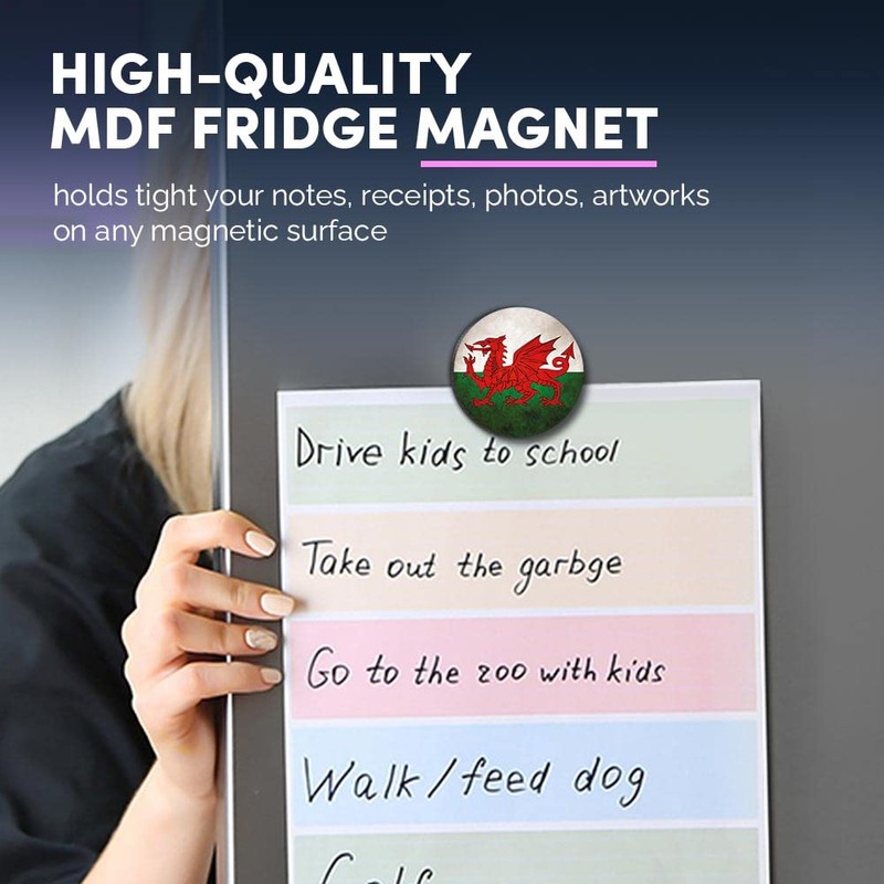 1x Round MDF Magnet 6cm - Distressed Wales Welsh Dragon