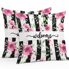 Throw Pillow Covers 18x18 Inch Set of 2, Pink Red Flower Waterproof Outdoor Cushion Covers, Watercolor Floral Leaf Black White Stripe Decorative Pillowcases for Couch, Sofa, Bed, Garden, Patio