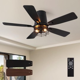 SPACORA Ceiling Fans with Lights, 42 Inch Low Profile Ceiling Fan with Light and Remote Control, Flush Mount, Reversible, Quiet, Black Farmhouse Ceiling Fan for Bedroom Indoor/Outdoor Use