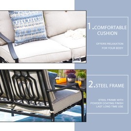 LOKATSE HOME 2 Pieces Outdoor Patio Conversation Furniture Metal Bench Sofa Set Loveseat with Cushion and Coffee Table, Beige