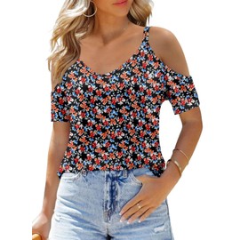 CRAZY GRID Fashion Workout Tops Oversized Summer Trendy Clothes 2025 Short Sleeve Off The Shoulder Tops for Women BlueRed Large