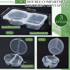 Blushtier 15 Pcs 3 Different Shapes 5 oz Mini 2 Compartment Snack Containers Double Compartment Reusable Condiment Container with Lid Small Plastic Disposable Box for Sauce, Candy, Salad Dressing