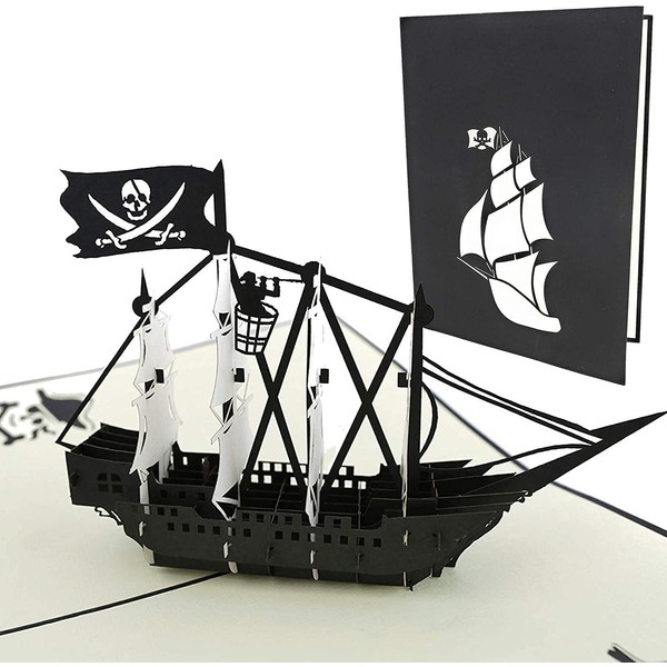 PopLife Black Pirate Ship Pop Up Card for All Occasions - Happy Birthday, Graduation, Congratulations, Retirement, Anniversary, Fathers Day - Treasure Hunters, Ocean Lovers - Folds Flat for Mailing