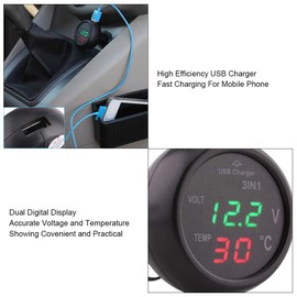 Termómetro para automóvil Voltímetro Encendedor de cigarrillos con cargador USB para automóvil, 3 en 1 Pantalla LED dual Voltímetro digital Termómetro Cargador USB para autom(azul rojo)