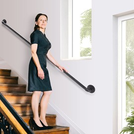 Seeutek Stair Railing 6.6FT Staircase Handrails for Indoor Stairs Hand Railings for Stairs Metal Railing Black Wrought Iron Pipe Handrail with Wall Mount Support