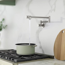 KIBI Wall Mount Pot Filler Faucet – 360° Swivel Double Joint Swing Arm, Folding Stretchable Stainless Steel Kitchen Faucet for Home Kitchen & Commercial Use (Brushed Nickel, KPF602)