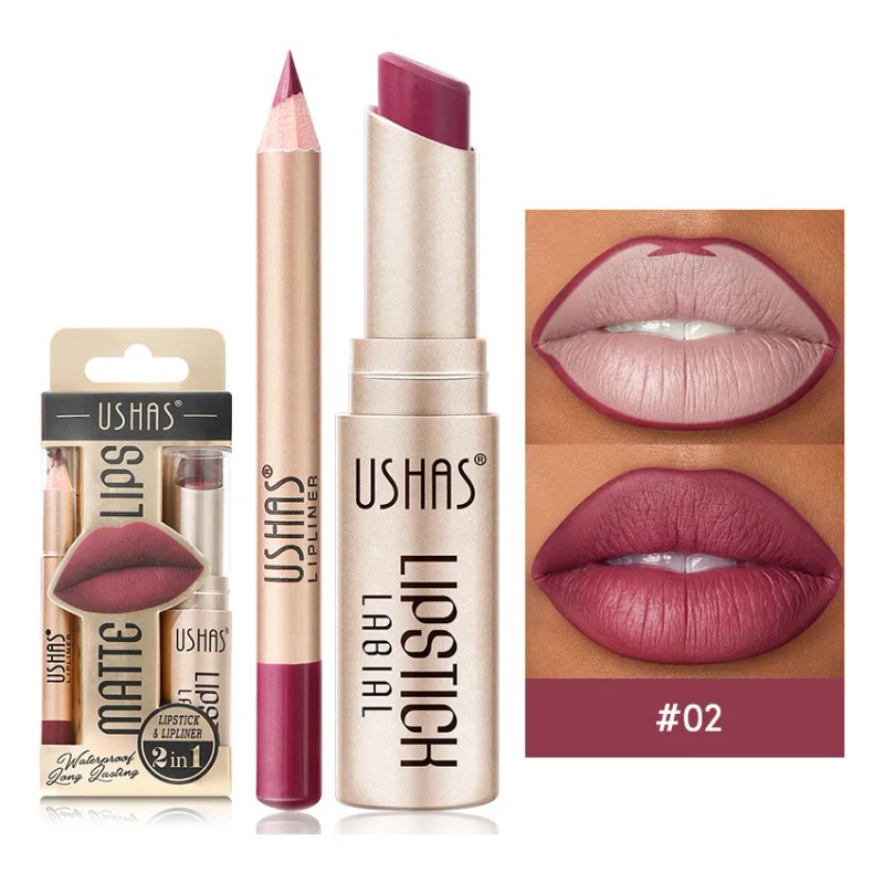 Set De Lapiz Labial Y Delineador Color Mate Impermeable 2pcs