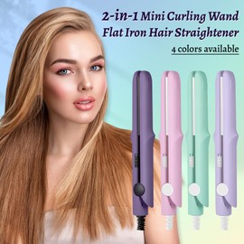 Mini Dual Purpose Curling Iron, Upgrade 2-in-1 Mini Curling Wand & Flat Iron Hair Straightener, Portable Travel Curling Wand Hair Straightener for Women (Pink)