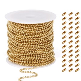 50FT 18K Gold PVD Plated Ball Bead Chains Roll, 1.5mm Gold Stainless Steel Ball Beaded Chains Spool with 30 PCS Connectors Bulk for Jewelry Making