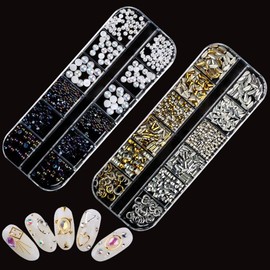 2 Boxes Nail Art Rhinestones Multi Sizes Nail Art Gems Flatback Rivet Nail Jewels Small Nail Art Pearls Gold Silver 3D Moon Nail Art Decoration for Nail Design DIY Crafts
