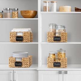 Casafield Casafield Set of 4 Water Hyacinth Pantry Baskets, 10" x 13" x 5", with Chalkboard Labels and Chalk Marker - Natural, Woven Storage Bin Organizers for Kitchen Shelves