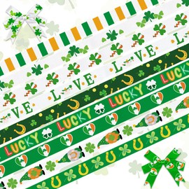 ALIBBON 9 Rolls 27 Yards 3/8" St. Patrick's Day Ribbon Green Ribbons for St. Patrick's Day Decor, Gnome Shamrock Grosgrain Ribbon for St. Patrick's Day Parade Gift Wrapping Bows Crafting Supplies