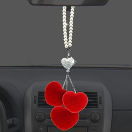 Bling Heart Diamond Car Rear view Mirror Accessories for Women,Pearl Pendant with Love Plush Ball Car Charms Interior Decor,Valentine's Day Gift Lucky Car Mirror Hanging Ornament,Red