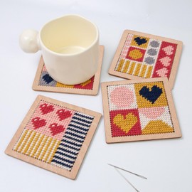 Yushen 4Pcs Heart Coaster Needlepoint Kit for Adult Cross Stitch Kits DIY Adults Needlepoint Embroidery Starter Set with Patterns Embroidery Needles Threads Crafts (Love)