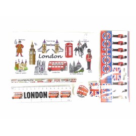 School Kit - London Everything, London Icons Printed White Pencil Case with Pencil, Ruler, Sharpener and Rubber - London Souvenir