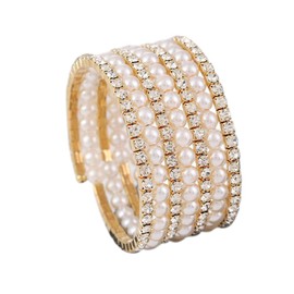Fuqimanman2020 Multi Row Imitition Pearl Stretch Bracelet Stackable Crystal Strand Multi-Layered Elastic Bangle for Women 1920s Costume Vintage Bridal Wedding Jewelry-Gold B