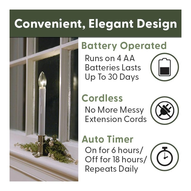 612 Vermont Ultra-Bright LED Window Candles with Timer, Battery Operated,