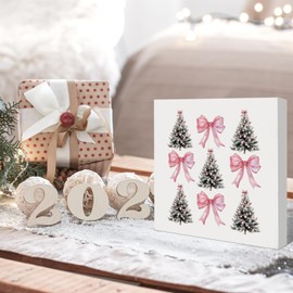 HONLUNG Christmas Decor Sign, Pink Bow Coquette Trendy Wood Box Sign Decoration For Home Bedroom Bathroom Table Desk Shelf Tabletop, Girls Christmas Gifts, 5x5 Inch