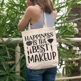 12oz Canvas Tote Bag - Happiness Is the Best Makeup Quote with Pink Lipstick, Mascara & Brush Design - Beauty Themed Merch for Makeup Artist or Cosmetologist, Gift for Makeup Lovers & Beauticians