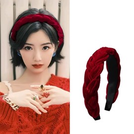 Red Velvet Braided Headband for Women Puffy Braid Headbands Thick Wide Head Band Chunky Christmas Party Headbands for Women Girls Red Braids Head Hair Bands Accessories