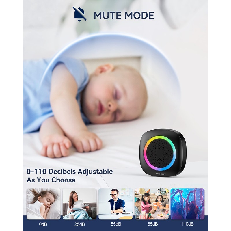 TECKNET Longest 1300 Feet Wireless Doorbell with RGB Alarm Lighting,Battery-Powered