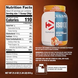 Dymatize ISO100 Whey Protein Powder Isolate, Salted Caramel, 25g of Protein, 5.5g BCAAs, Less Than 120 Cal., Gluten Free, 1g Fat, 1g Sugar, 2g Carb (2