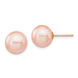 Solid 14k Yellow Gold 9-10mm Pink Round Freshwater Cultured Pearl Stud Post Earrings mm