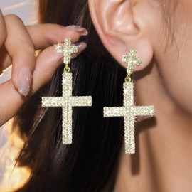 Gold Rhinestone Cross Earrings for Women Prom Earrings Jewelry Sparkly Cross Dangle Bridal Bridesmaid Earring Prom Dresses 2025 for Wedding Day
