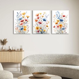 okudolit Colorful Wildflower Framed Canvas Wall Art Set Of 3 Flowers Pictures Prints Flowers Printing Floral Watercolors Flower wall Decor Living Room Bedroom Dinning Room Farmhouse Office-16 x24in