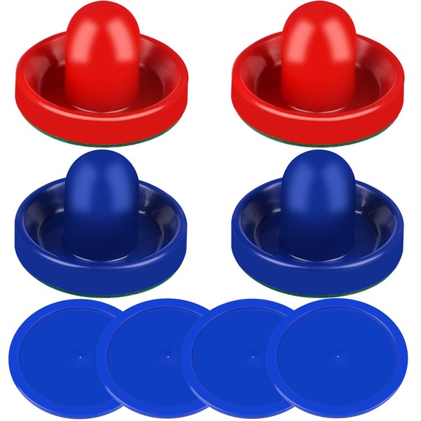 ONE250 Air Hockey Pushers and Blue Air Hockey Pucks, Goal Handles Paddles Replacement Accessories for Game Tables (4 Striker, 4 Puck Pack) (Blue & Red)