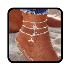 Zoestar Boho Rhinestone Anklet Multilayer Anklet Crystal Starfish Beach Anklet Jewelry for Women