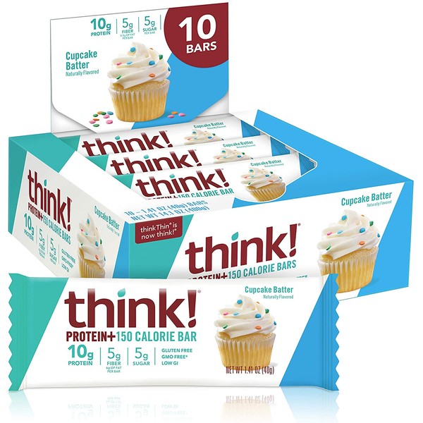 think! Protein+ 150 Calorie Bars Protein, 5g Sugar, No Artificial Sweeteners, Gluten GMO Free, Cupcake Batter, 10 Count