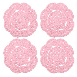 sourcing map Crochet Doilies, 4Pcs 4" - Cotton Woven Fabric Coasters, Lace Round Handmade Coasters with Floral Pattern for Wedding Party Decoration (Pink)