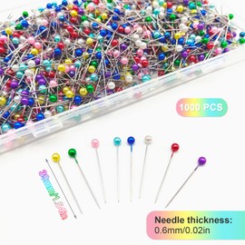 TSHAOUN 1000 Pieces Glass Head Pins, 38 mm Long Pearl Head Pins, Sewing Pins, Colored Dressmaking Pins, Dress Pins, Dress Making Pins, for Dressmaking, Quilting, Fabric, Jewellery, Crafts (Multi)