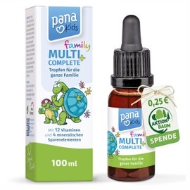 PanaKids MultiComplete+ FAMILY Multivitamin-Tropfen für Kinder & Erwachsene - 12 Vitamine & 4 essenzielle Mineralstoffe + Inositol - Ab 4 Jahren - Honig & Fruchtgeschmack - 100% Vegetarisch - 100 ml