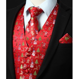 Enlision Men's Fun Vest Christmas Festive Happy Santa Claus Christmas Vest Tie Bag Square Handkerchief Vest Suit Set XS-4XL, red