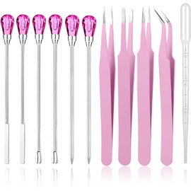 11 Pcs Silicone Resin Mold Tools Set Stirring Needle Spoon Tool Tweezers Precision Kit, Anti-Static Electronics Tweezers Set for Resin Art Crafts,Jewelry Making,DIY Epoxy Casting Molds-Rose Red & Pink