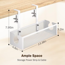 DELAMU Under Desk Cable Management Tray with 2 Open Holes - Metal Mesh Wire Management with F-Clamp, No Drill Cord Organizer, Home Office Cable Tray Under Desk Storage & Accessories, 1 Pack, White