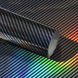 AuMoHall Holographic Laser Forged Carbon Fiber Vinyl Wrap High Gloss Rainbow Silver Color Change Car Body Wrapping Film Self-Adhesive Vehicle Exterior Interior Decorative Film, 59.84" x 19.68"