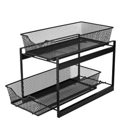 IBERG Under Sink Organizer, 2-Tier Mesh Metal Sliding Storage Basket, Multi-Purpose Pull-out Organizer, Storage Solution for Kitchen, Bathroom and Pantry (Black)