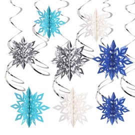 SULOLI Christmas Snowflake Hanging Swirls Decoration, 26 Pieces 3D Snowflake Silver Blue White with Ceiling Swirls for Christmas Decorations
