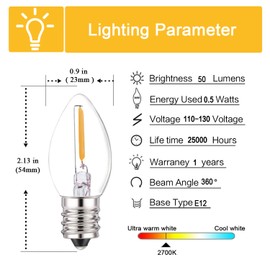 C7 LED Bulbs,0.5 Watts LED Filament Night Light Bulb Edison Style LED Sign Light E12 Candelabra Base Lamp Clear Glass 4 Watts Equal Candle Bulbs Warm White 2700K for String Lights Pack of 6