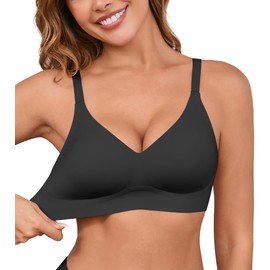 DEANGELMON Seamless Bras for Women No Underwire Comfortable Push Up Bra V Neck Wireless Bralette Full Coverage Wire Free Black Medium