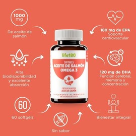 Life180 Dúo Omega 3 con Aceite de Salmón DHA y EPA Pack de 2 Suplemento Alimenticio con DHA y EPA para el Soporte Cardiovascular y Cognitivo, Sin Sabor