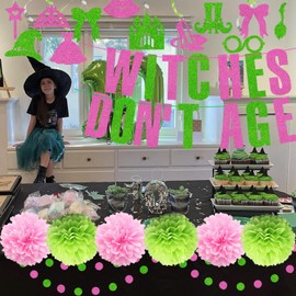 Witches and Princess Pink and Green Birthday Party Decorations, Glitter Witches Don't Age Party Banner for Women Galentine's Day Girls Night Photo Booth Prop Kids Princess Witch Themed Party Supplies