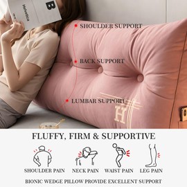 Foreate Headboard Wedge Pillow Twin, Large Triangular Pillow for Sitting in Bed, Positioning Support Bed Rest Reading Pillows with Removable Cover, Backrest Bolster Pillows for Dorm, Pink