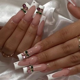 White French Tips Press on Nails Long Square Fake Nails with 3D Pink Cherry Charm Design Rhinestone Glue on Nails Glossy Skin Tones False Nails Summer Stick on Nails for Women Girls Manicure 24Pcs