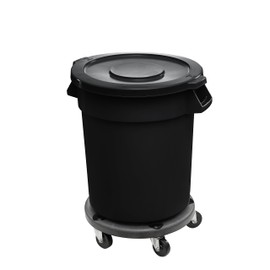 32 Gallon Black Round Commercial Trash Can with Lid and Dolly, Kitchen Waste Bin, Indoor Trash Can, Trash Bin, Durable Wastebasket, Garbage Can, Round Decorative Waste Receptacle for Office or Store